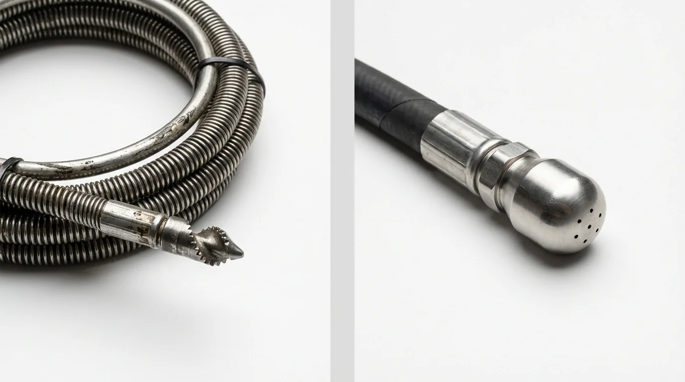 Drain snake cable and hydro jetting nozzle used for drain cleaning in Oakdale, NY