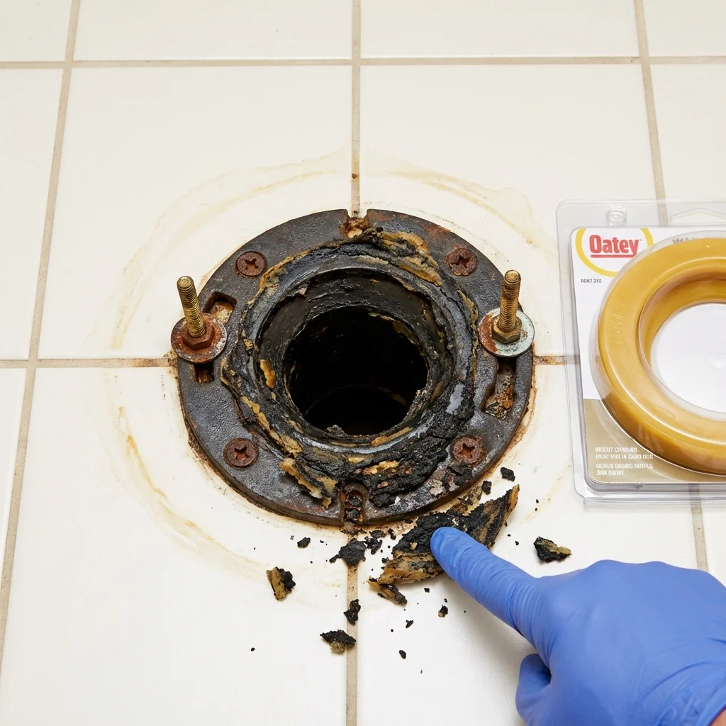 Failed wax ring showing water seepage at the base of a toilet in a Oakdale, NY home