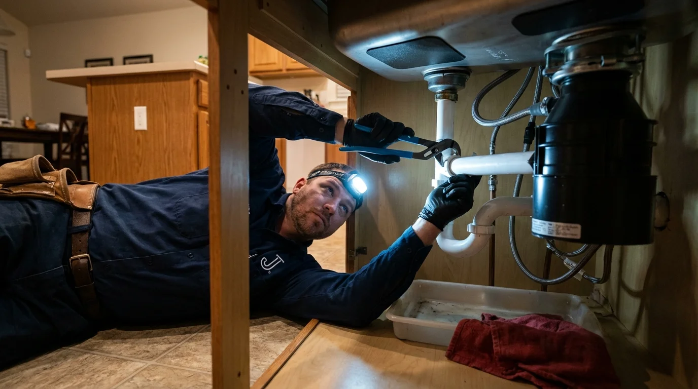 P-trap and supply line connections under a kitchen sink showing a common leak point in Oakdale, NY